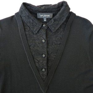 St John Black Wool V Neck Sweater Tunic Lace Collared Dicky Crystal Deco Buttons